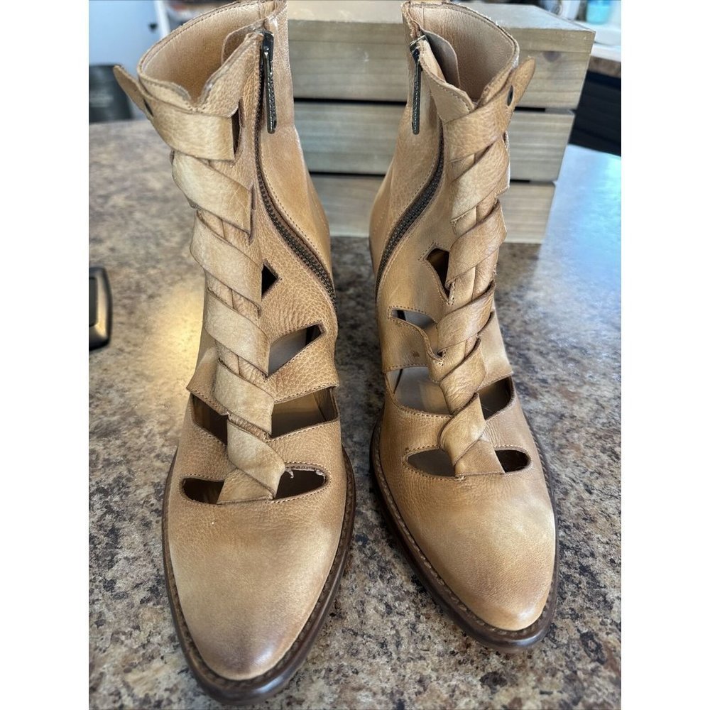 Women’s Tan Cutout Ankle Booties - Stylish Low Block Heel - Picture 6 of 8